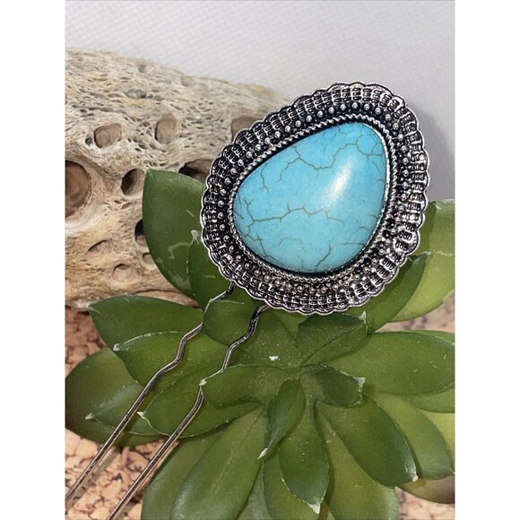 WESTERN Blue TURQUOISE HAIR PIN Clip Silver Southwest Comb Barrette LARGE - Picture 4 of 9